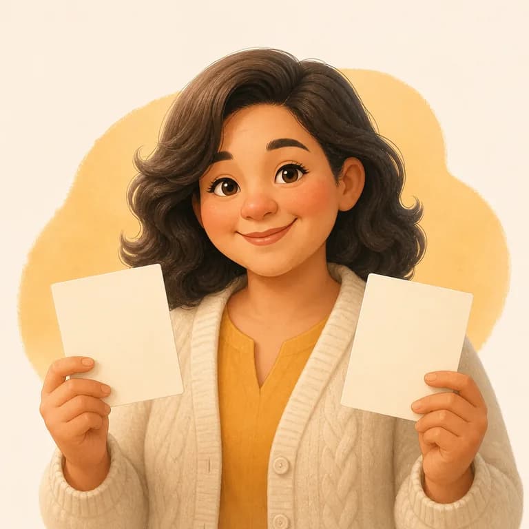 Fictional illustrated persona: Riley holding two blank approval cards.