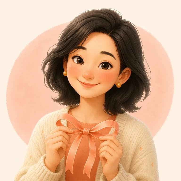 Fictional illustrated persona: one of Tessa’s college friends holding a gift ribbon.