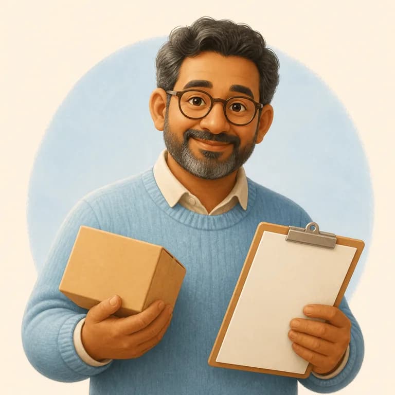 Fictional illustrated persona: Casey, an operations manager with a parcel and clipboard.
