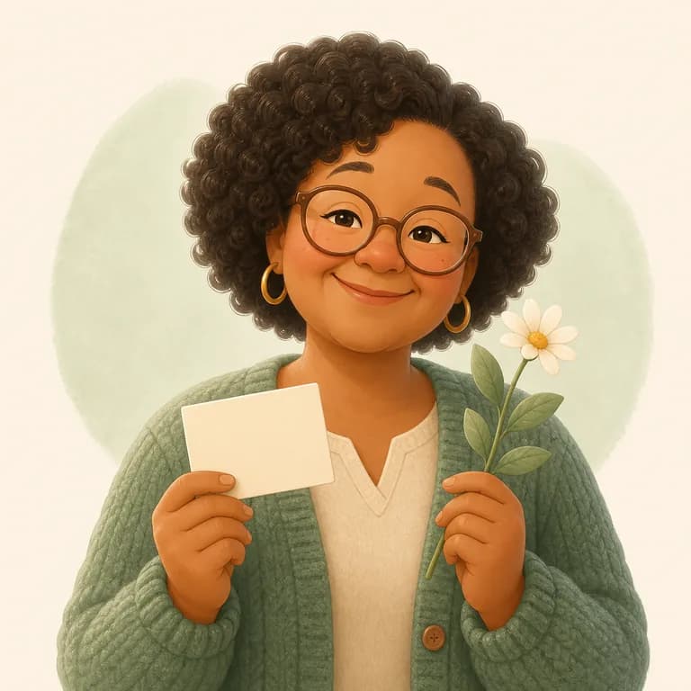 Fictional illustrated persona: Nina holding a blank card and flower stem.