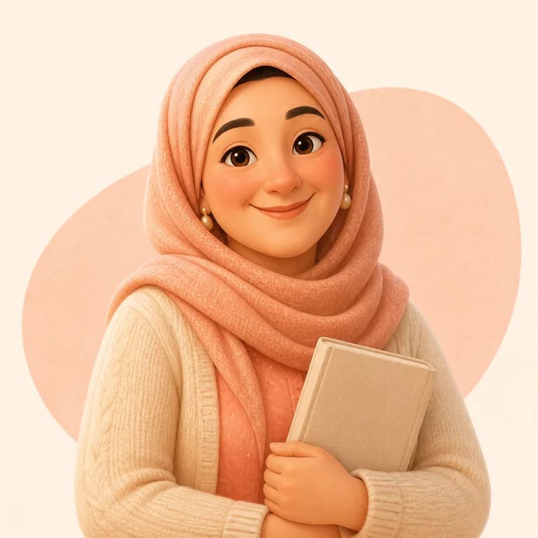 Fictional illustrated persona: Samira, an advisor holding a closed notebook.