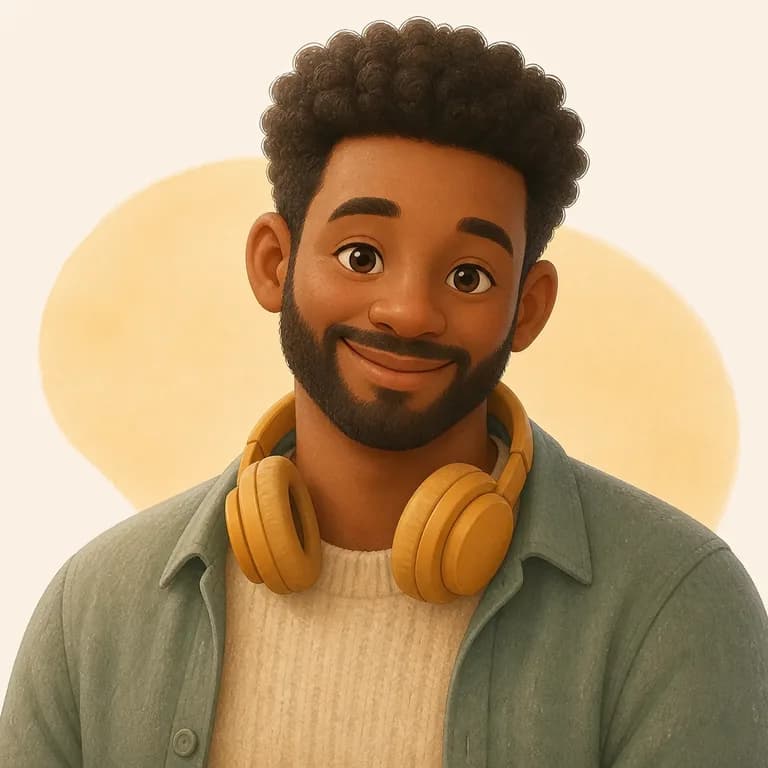 Fictional illustrated persona: Owen with headphones around his neck.