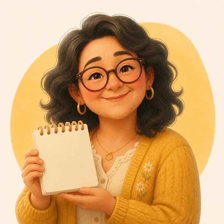 Fictional illustrated persona: Leila holding a small paper calendar.