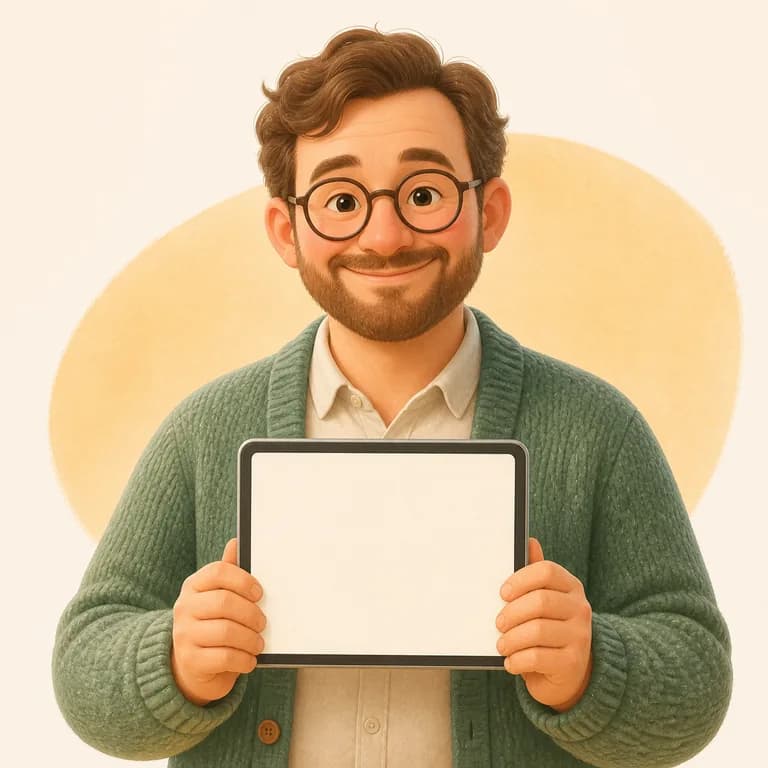 Illustration of Warmly team member: Leo Martin with round glasses and a tablet.