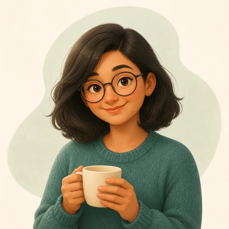 Illustration of Warmly team member: Priya Shah holding a coffee cup.