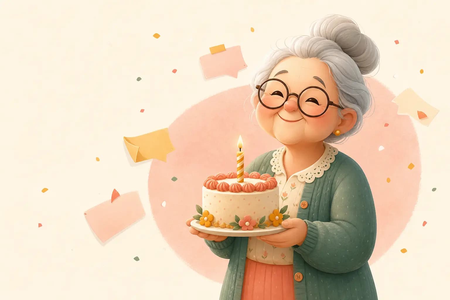 A smiling grandmother holding a birthday cake with a lit candle