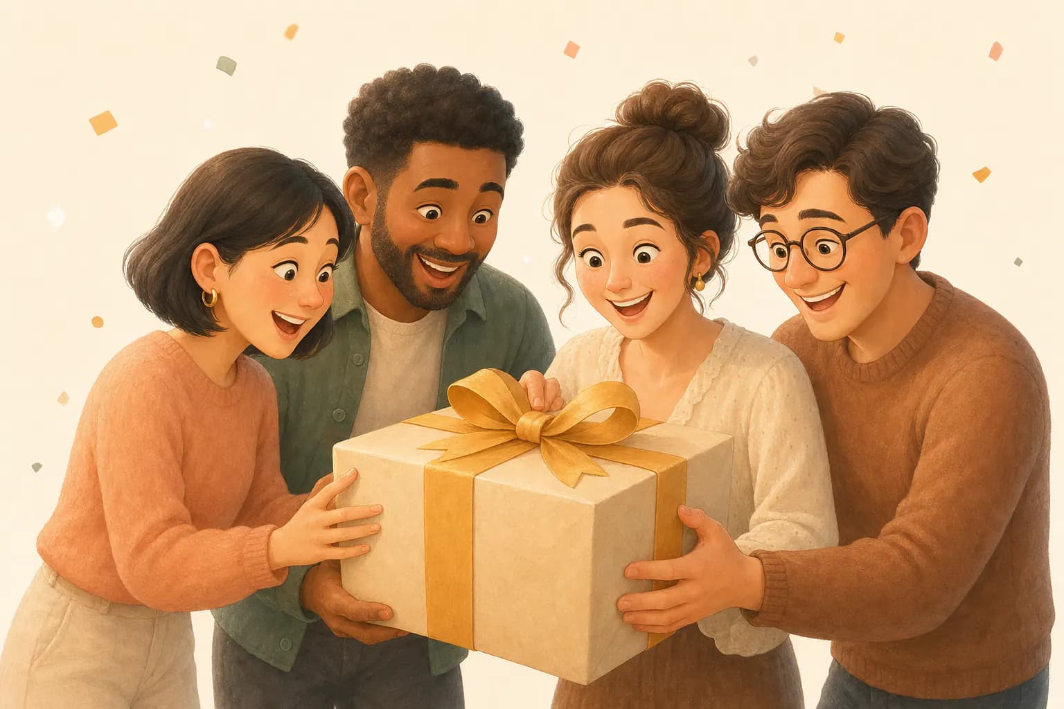 A group of friends happily presenting one shared gift