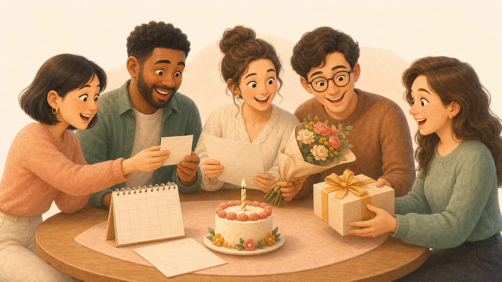 Friends preparing a birthday card and gift before the greeting reaches its recipient