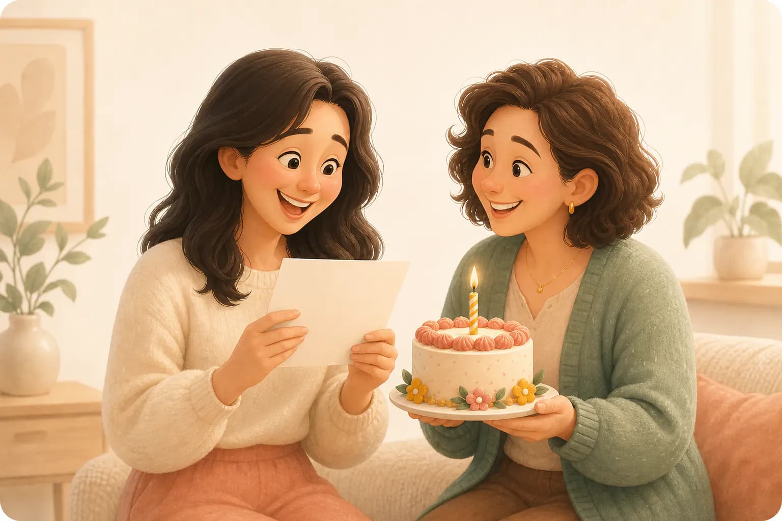 Two friends celebrating with a birthday card and cake