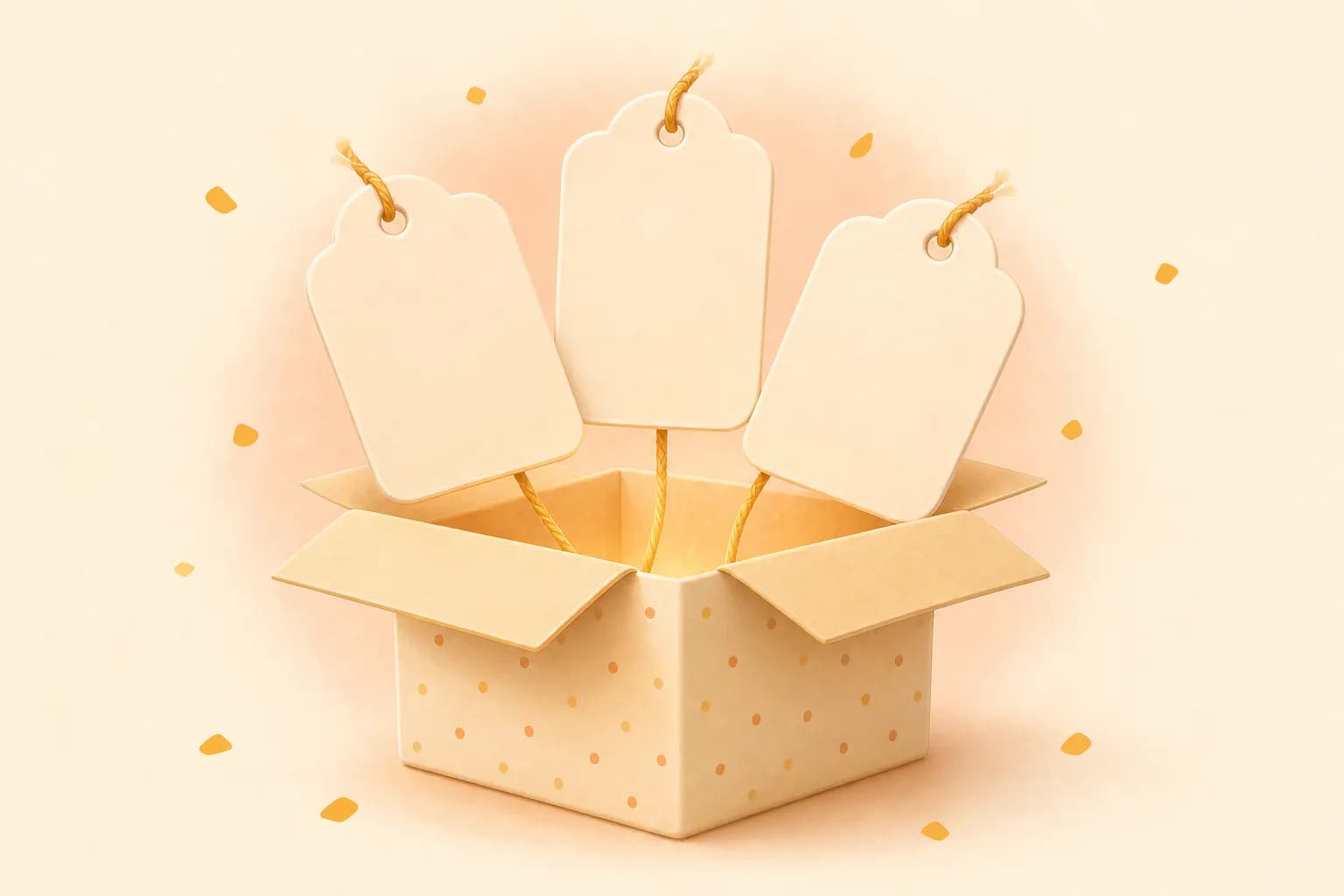 Three blank gift tags rising from an open gift box