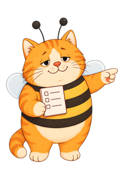 Orange Warmly cat in a bee costume pointing toward the next step